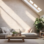 Interno di una villa luminosa con ampie vetrate e materiali naturali che valorizzano la luce naturale.